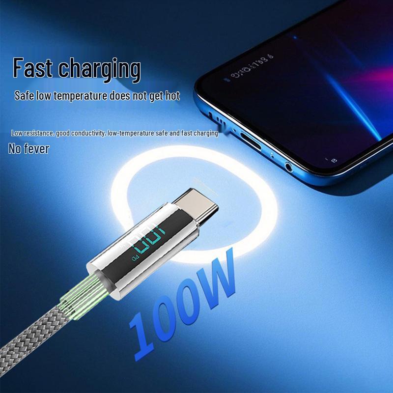 100W Dual Type-C Nylon Braided Fast Charging Cable with Digital Display for Android, Huawei, and Apple Devices.