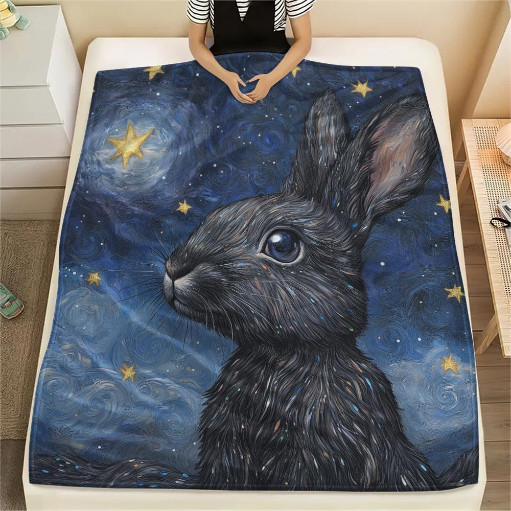 Black Rabbit Pattern Flannel Blanket, High Quality Comfortable for All Seasons, Home Decor, Warmth and Comfort, Perfect for Gifts.