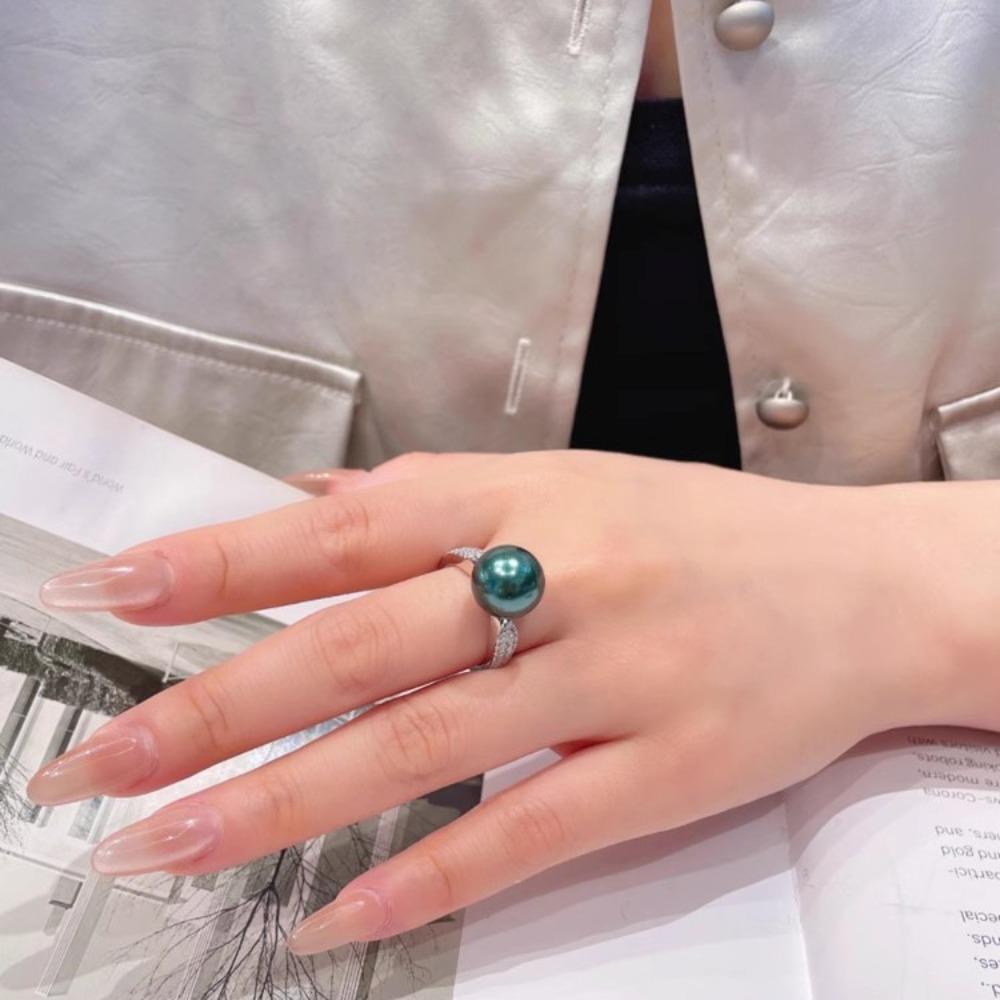 Women Jewelry Set Minimalist Luxury Style Peacock Green Imitation Pearl Ring Earrings Pendant Necklace