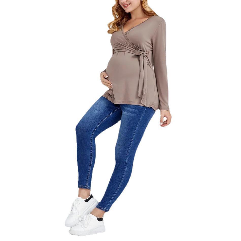 New 2022 V-Neck Long-Sleeve Solid Color Breastfeeding Maternity Wear for Europe and America.