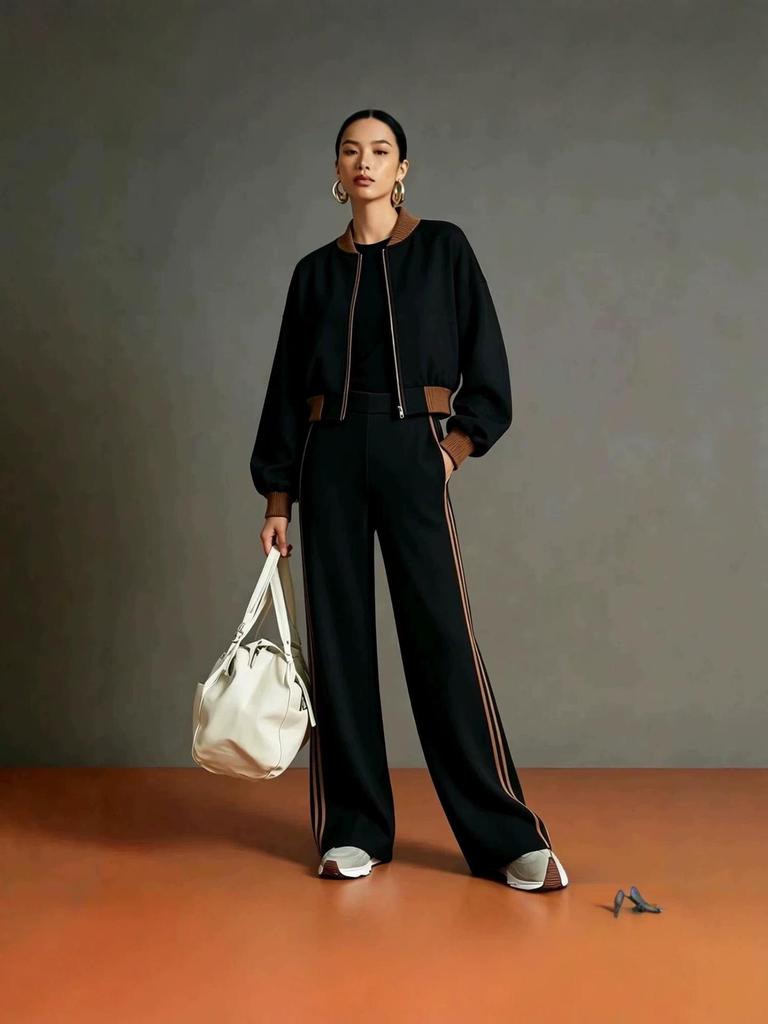 Women's 2026 Autumn Color Block Suit: Short Zip-Up Baseball Collar Jacket & High-Waisted Wide-Leg Pants with Side Stripes