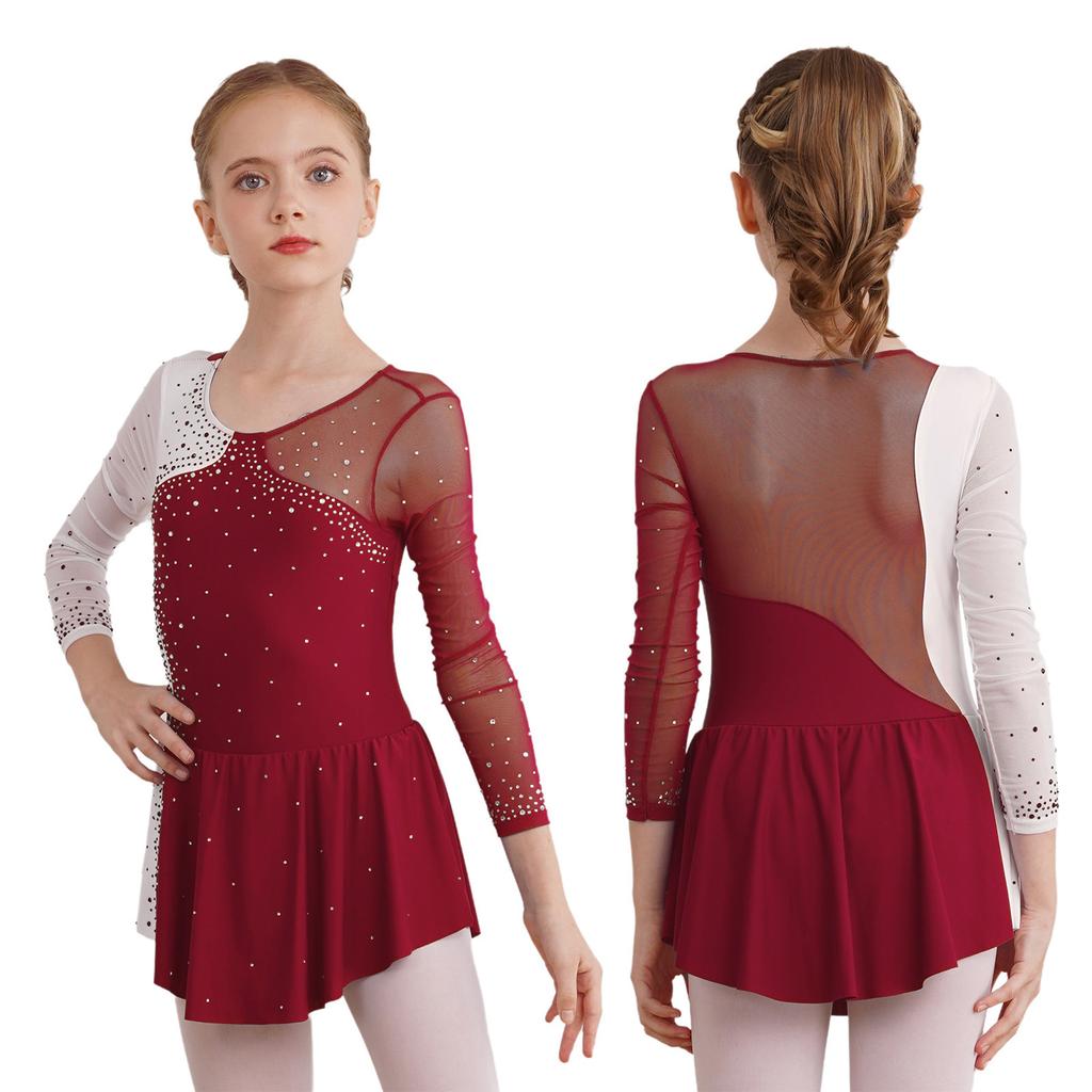 Girls' Ice Skating Leotard Dress Kids Long Sleeve Shiny Rhinestone Ballet Gymnastics Dance Clothes