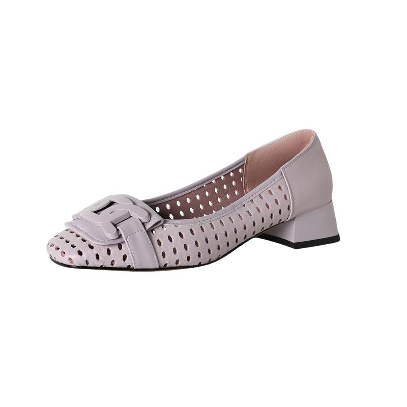 Fashion Women's new genuine leather square toe perforated breathable metal accessories, including follow-up shoes, perforated shoes