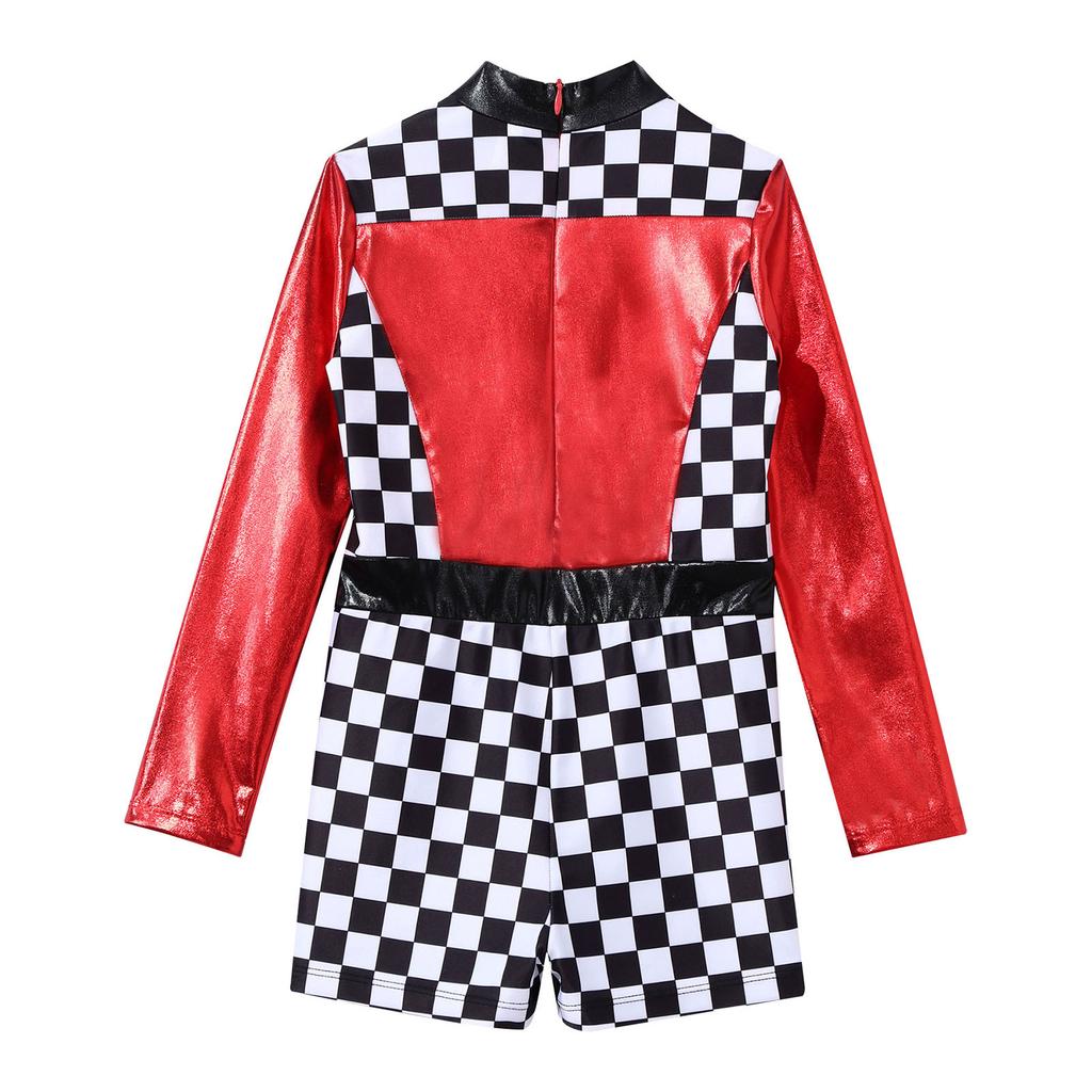 Dívčí závodní auto Kostým závodnice Šachovnicový potisk s dlouhým rukávem Barevný blok Patchwork Záda Zip Krátká kombinéza Cosplay Kostým