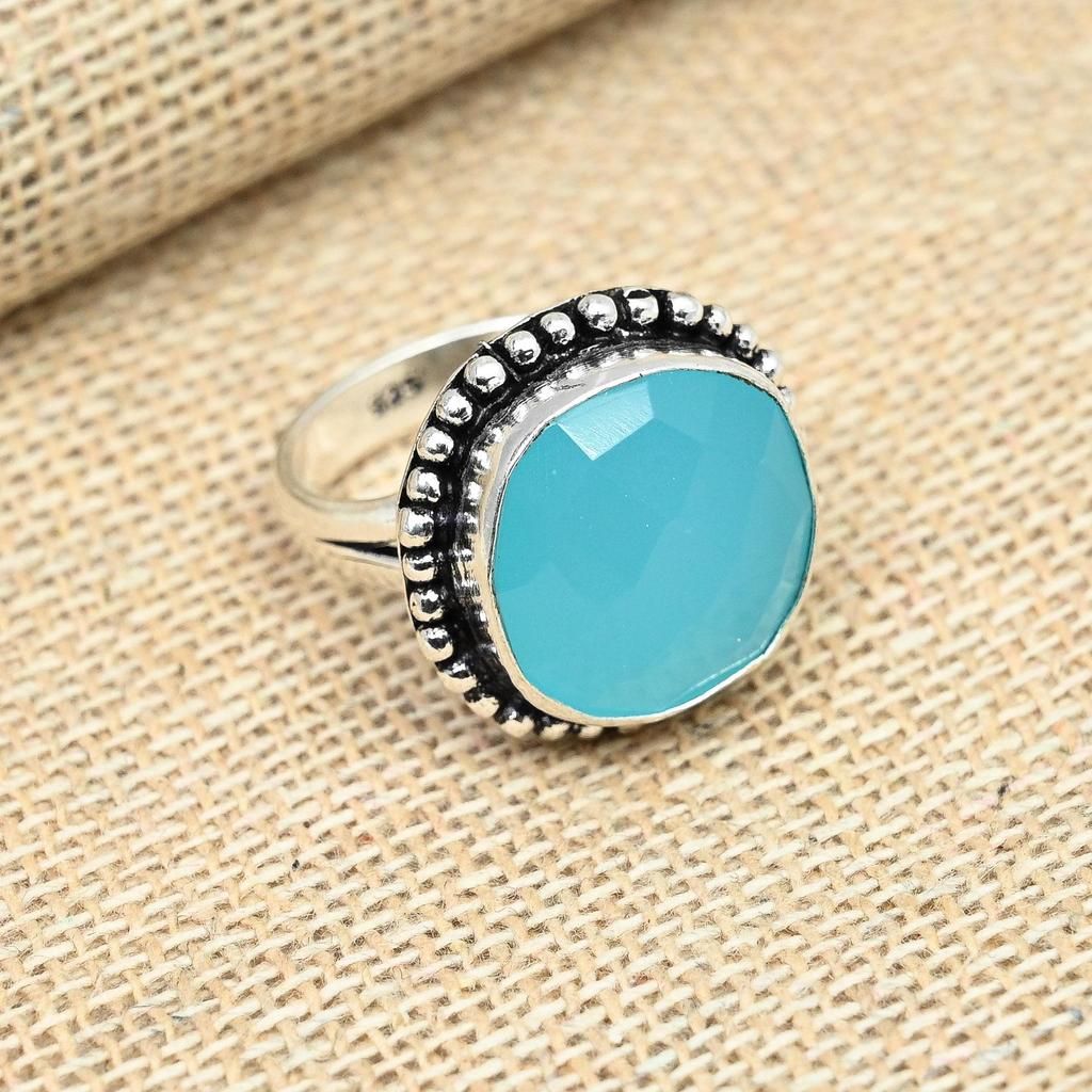 Ausgefallener Aqua-Chalcedon-Edelstein aus massivem 925er-Sterlingsilber, handgefertigter Ringschmuck