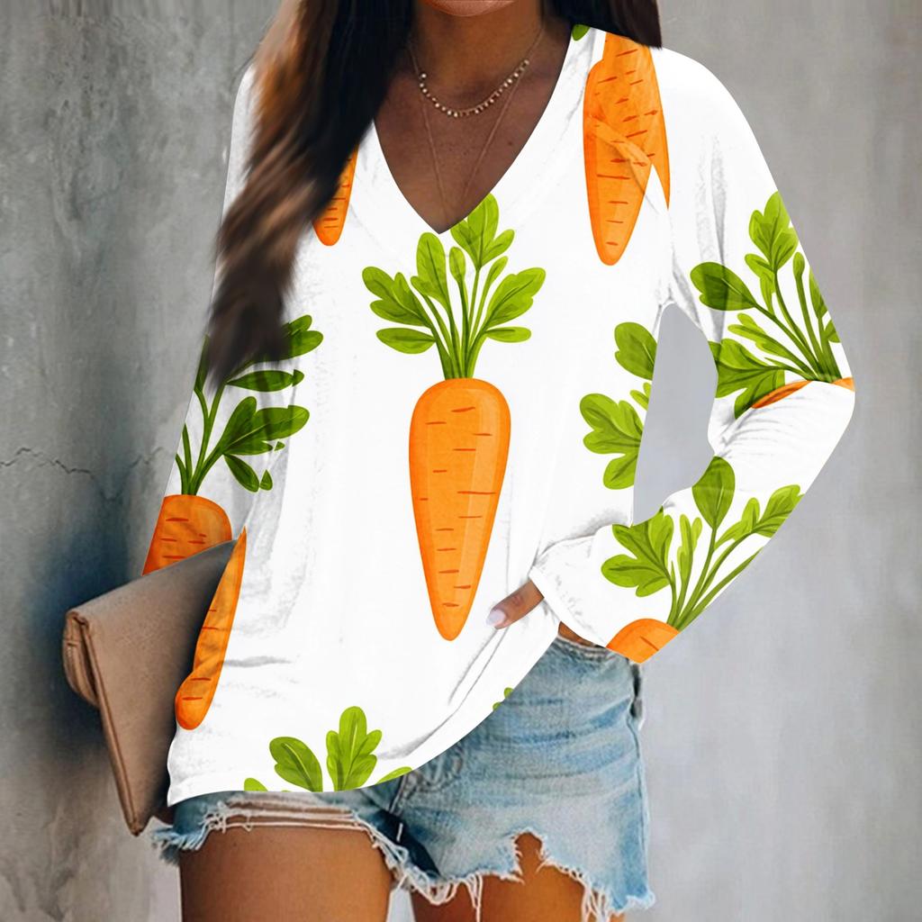 Women's Long Sleeve T-Shirt V Neck Easter Print Casual Comfort Top