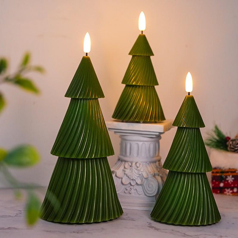 Pacote com 3 Velas LED de Natal Sem Chama Castiçais LED Verdes com Temporizador Controle Remoto Velas LED Piscantes 3D para Árvore de Natal
