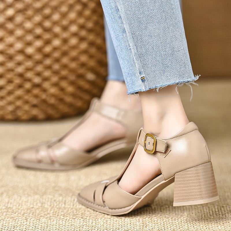 Fashion Baotou Hollow Thick Heel Sandals Women 2025 French Retro Square Head Roman Comfortable High Heels Size 34 40 Sandalias De Mujer