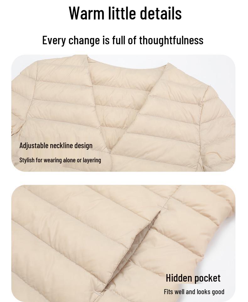 Women's Ultra-Light Convertible Down Jacket - 90% White Duck Down, Round/V-Neck, for Spring, Autumn, Winter
