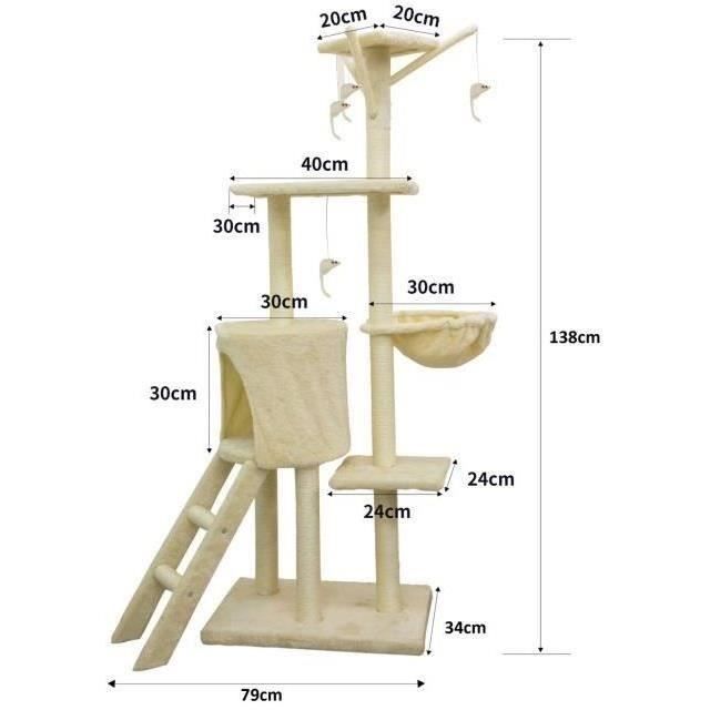 JIPSY Arbre à chat beige 79 x 34 x 138 cm - 3 plateformes, 1 perchoir, 1 niche, 1 escalier, poteaux à griffer