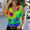 Damen V-Ausschnitt Cold Shoulder Bluse Helles Mehrfarbiges Pfauenfeder-Print Kurzarm Top