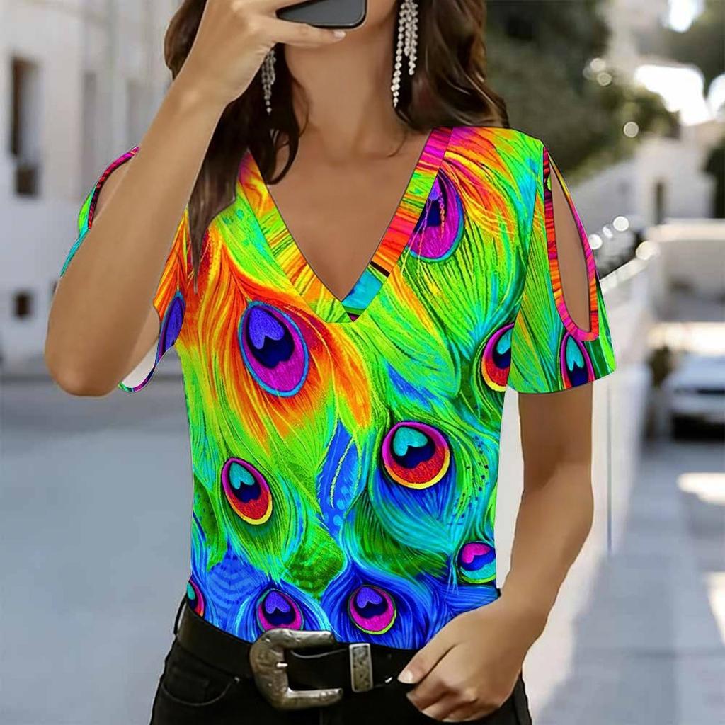 Damen V-Ausschnitt Cold Shoulder Bluse Helles Mehrfarbiges Pfauenfeder-Print Kurzarm Top
