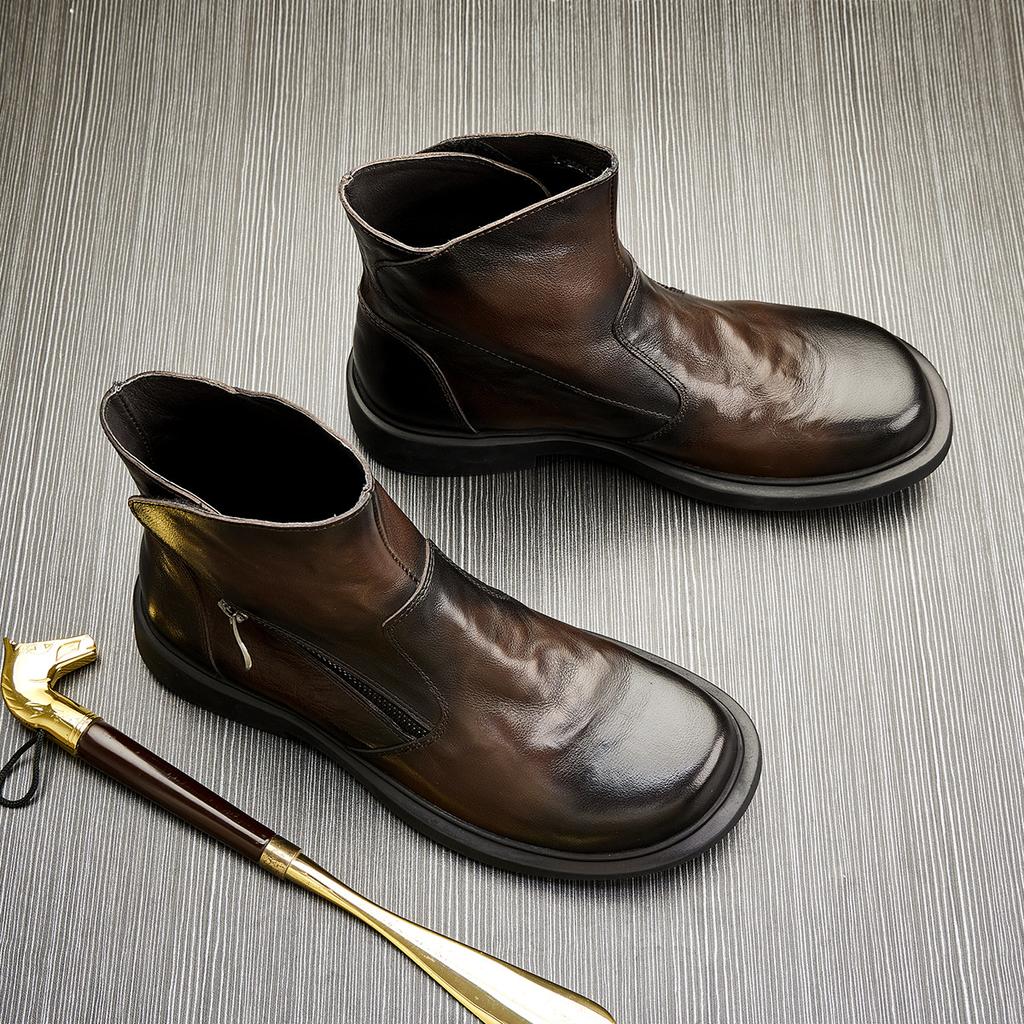 Vinterhjälp Läderstövlar Mode Rund Tå Verktygsstövlar Chelseastövlar Trendiga Casual Plattform Lokomotiv Martin Stövlar Herr