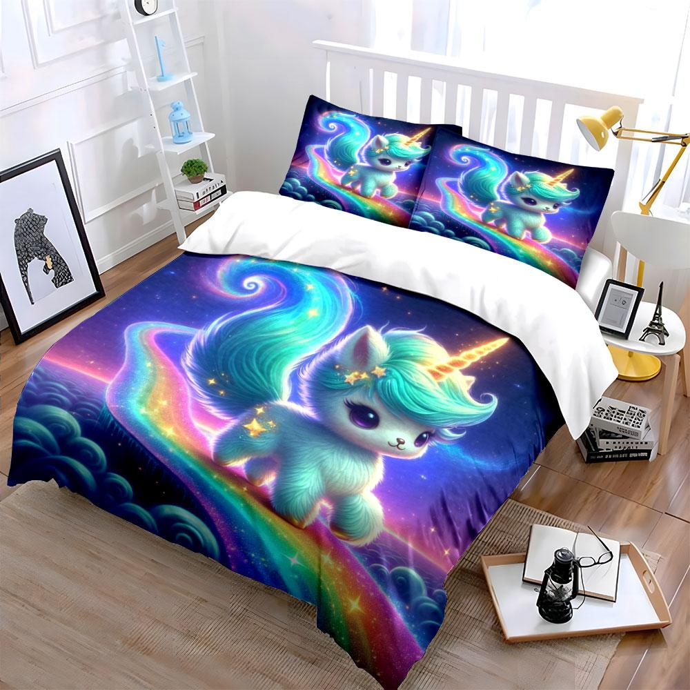 3Pcs Magical Unicorn On Rainbow Path Duvet Cover Set With 3D Printing Design Soft Polyester Bedding Set All-Season Comfort