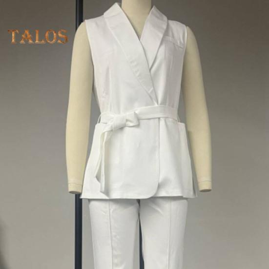 2 Teile/satz Frauen Mantel Hosen Set V-ausschnitt Schnürung Schlanke Taille Mittlere Länge Strickjacke Ärmellose Jacke Breites Bein Hohe Taille Gerade Hose Dame Formale