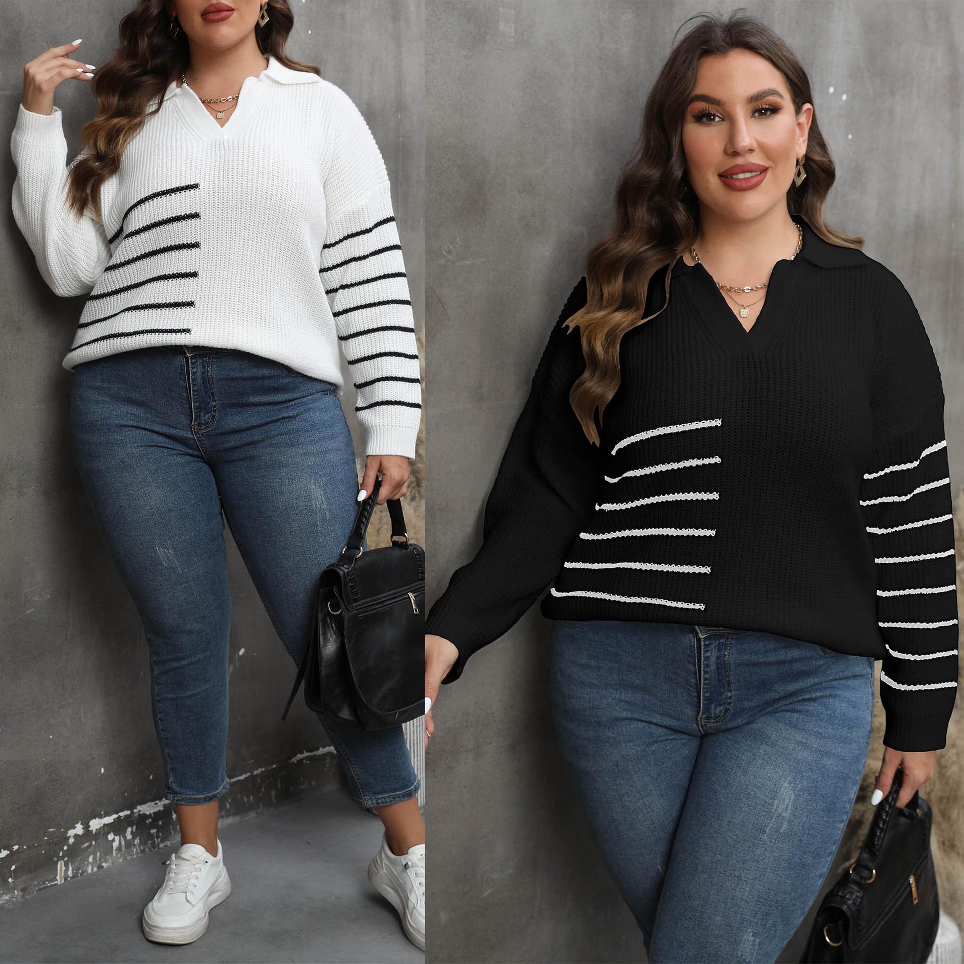 

Women s Oversized Color-Blocked Striped Polo Neck Knitted Sweater 3XL білий