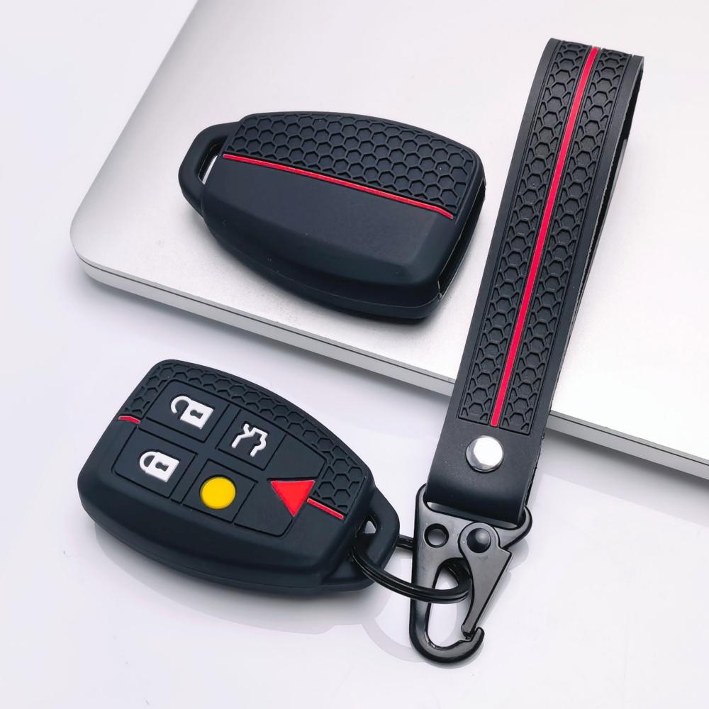 Silicone Key Fob Cover with Keychain for Volvo XC90 XC70 XC60 S80 S60 V70 V50 C30 This Soft Protective Key Case Fits 5 Button Smart Remote Keys It
