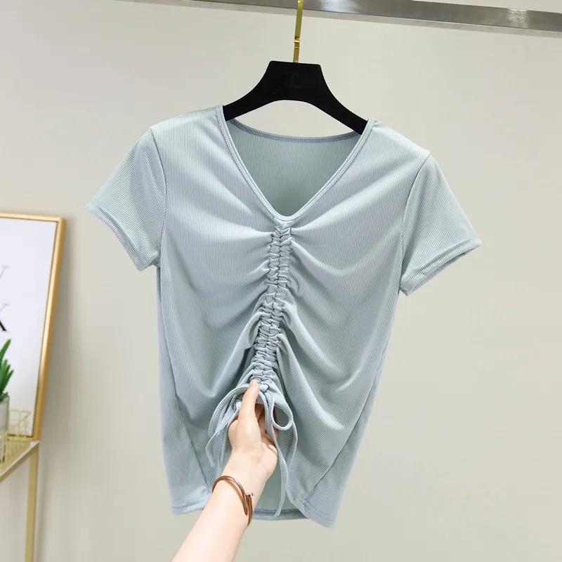 

Плиссированная футболка с v-образным вырезом и короткими рукавами, женская летняя рубашка из модала с большой нижней частью 2XL зелёный