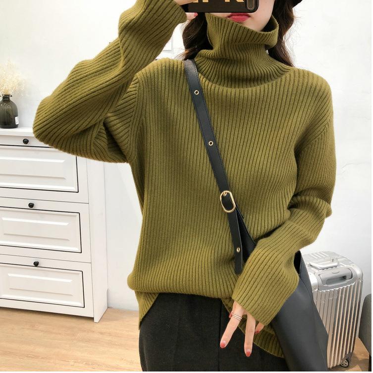 Autumn and Winter Turtleneck Thickened Pit Sweater Women's Large Size Loose Lazy Style Retro Thin Knitted Bottoming Shirt Women