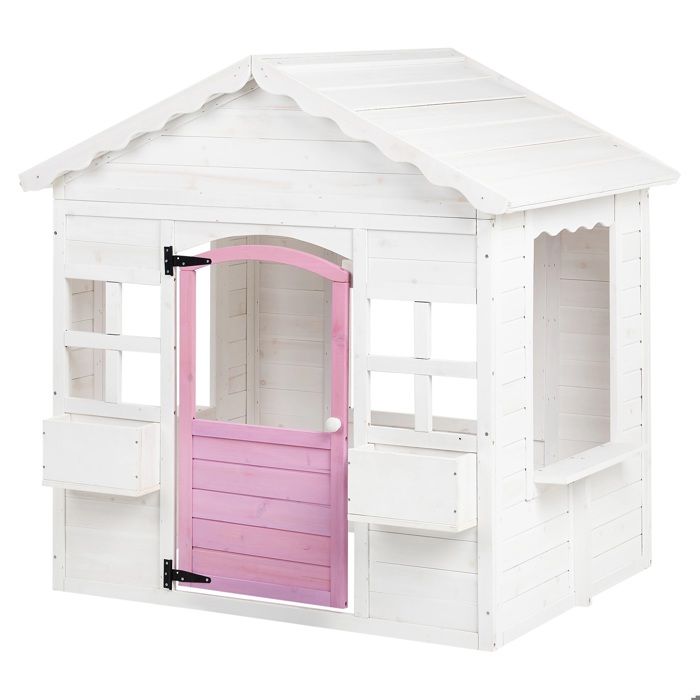 Căsuță copii - GINGER HOME - Lemn brad - Ferestre pe toate laturile - Jardiniere decorative alb