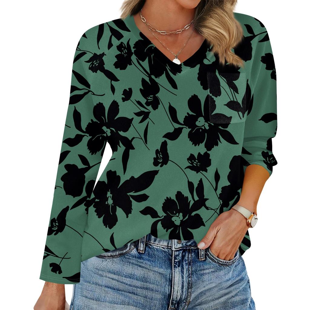 Dam Raglan Långärmad V-ringad T-shirt Sömnad Enfärgad Casual Topp Pullover V-ringad Ficka Underdel