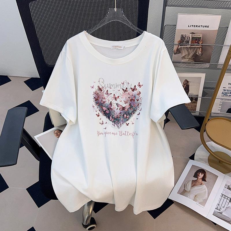 Women's Plus Size Loose Fit Round Neck Mid-Length Short-Sleeve T-Shirt (200/300/350 jin)