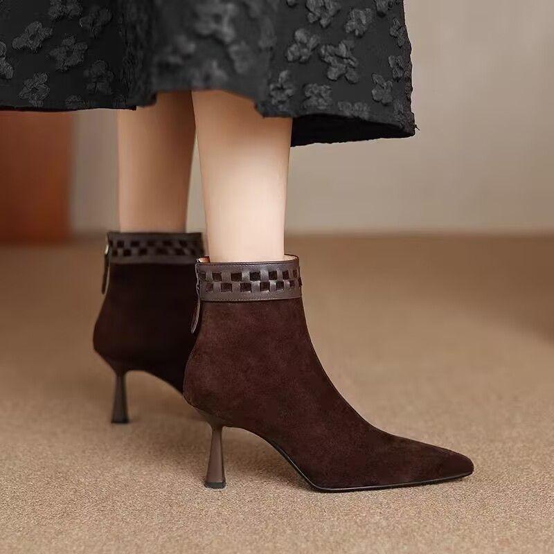 Fashion Skinny ankle boots for women, retro matte leather, simple and elegant ankle boots, new autumn and winter pointed-toe high heels