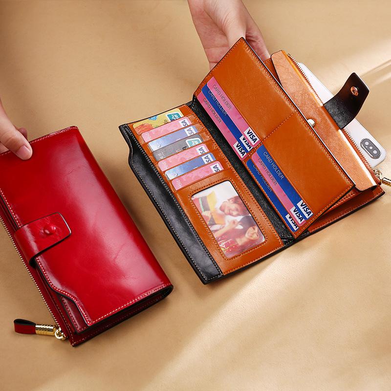Genuine Leather Long RFID Blocking Women's Wallet - Vintage Waxed Clutch Purse with Multi-Card Slots & Anti-Theft Design