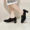 Square Head High Heels Women's Shoes Spring Simple Temperament Black Sheepskin Deep Mouth Middle Heel Single Shoes Elastic Fashion Shoes