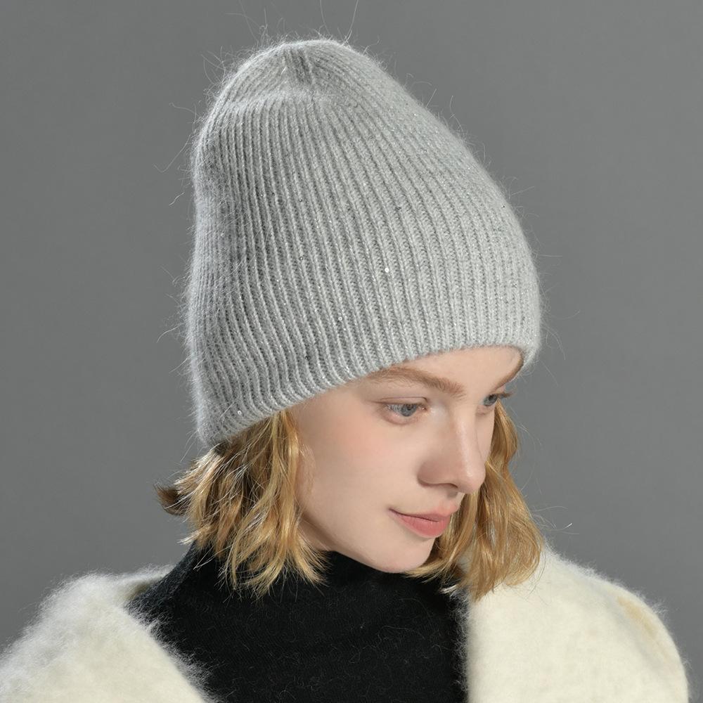 Autumn and winter solid color small sequins soft men's and women's warm wool hats Angola long rabbit hair knitted hat rabbit down cold hat