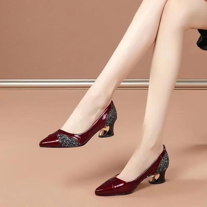 Fashion Ladies Pumps Chunky Heels Office Women's Shoes Block Heel Pointed Toe with Medium 39 Genuine Mark Wholesale Luxury Brand Popular