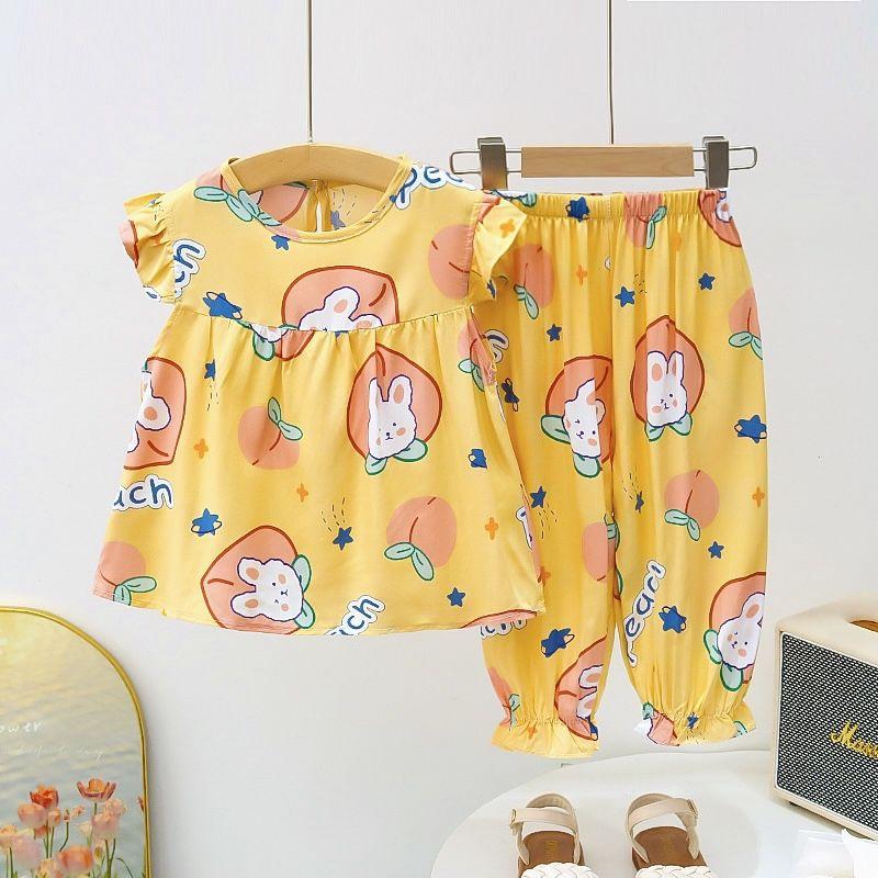 Girls' Summer Cotton and Silk Sleeveless Two-piece Floral Floral Floral Pattern Set