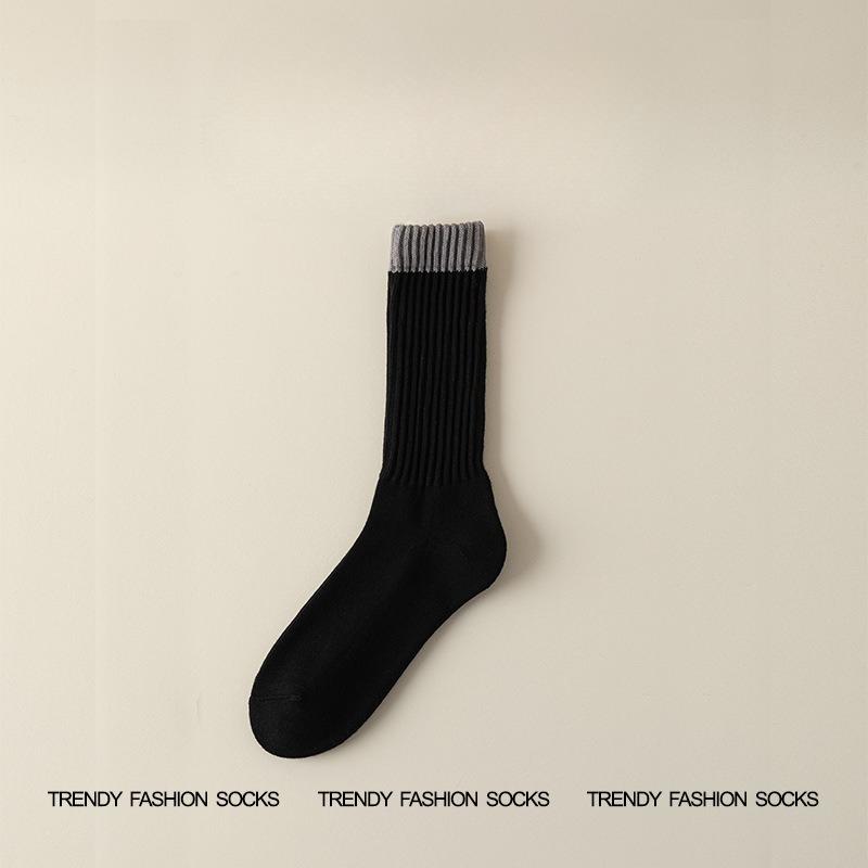 Men's Autumn and Winter Fleece and Thickened Mid-calf Socks, Color-blocked High-elastic High-calf Looped Long Socks, Trendy and Versatile Socks
