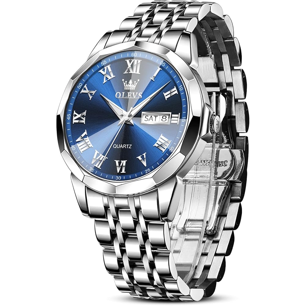 OLEVS Men s Analog Quartz Watch Waterproof Silver White with Blue Dial Stainless Steel Band Lightweight Fashion Watch