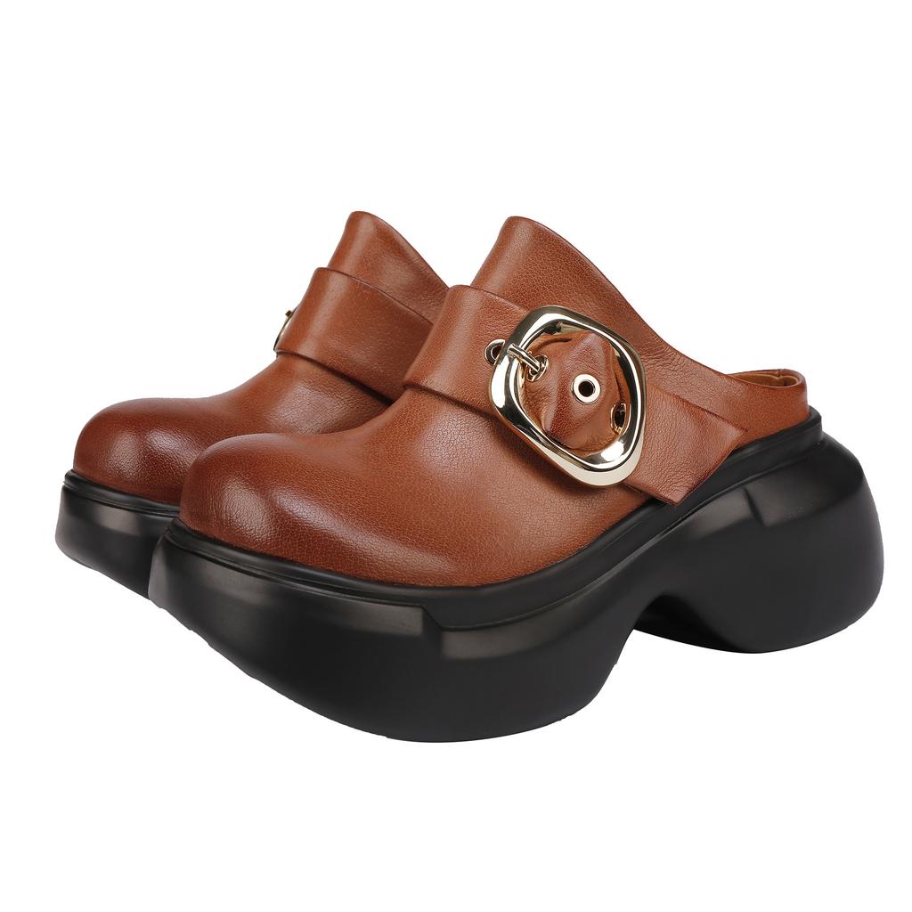 Johnature Genuine Leather Round Toe Thick Soled Shoes Retro Belt Buckle Outdoor Platform Slippers