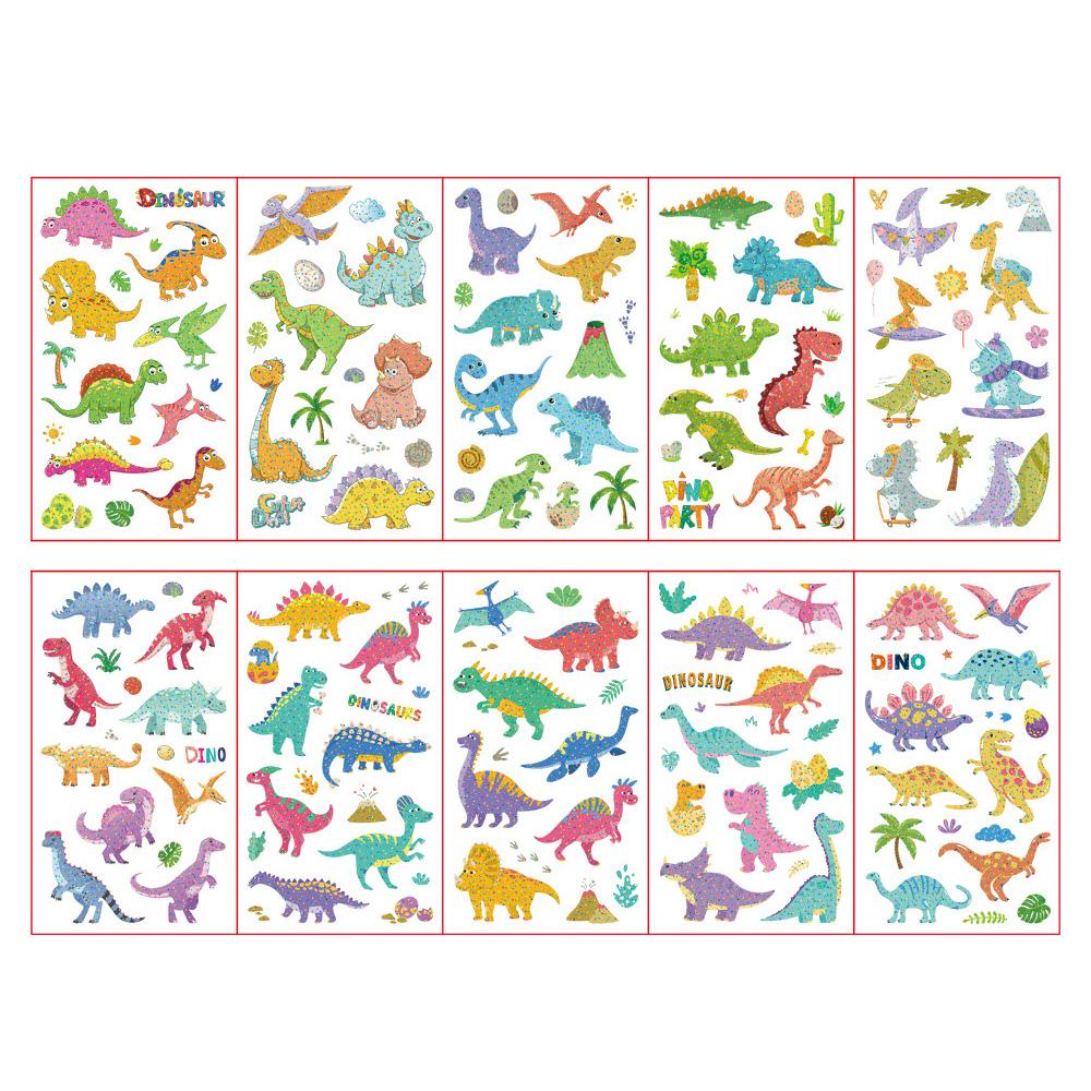 10 Fogli/Set Tatuaggi Adesivi Colorati con Polvere Glitterata Cartone Animato Animale Unicorno Principessa Veicolo Tatuaggio Temporaneo Finto per Bambini