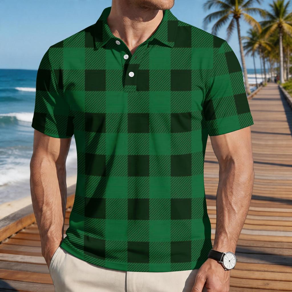 Men Loose Fit Casual Plaid Print Short Sleeve Polo Shirt with Turn Down Collar for Everyday Comfort Style