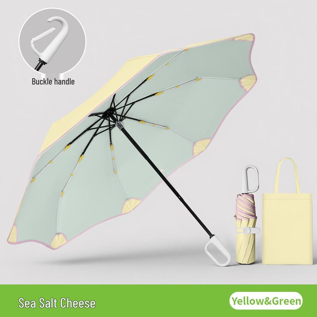 8-Rib Manual Buckle Safety Umbrella with Pink Edges, UV Protection, 3-Fold, for Female Students