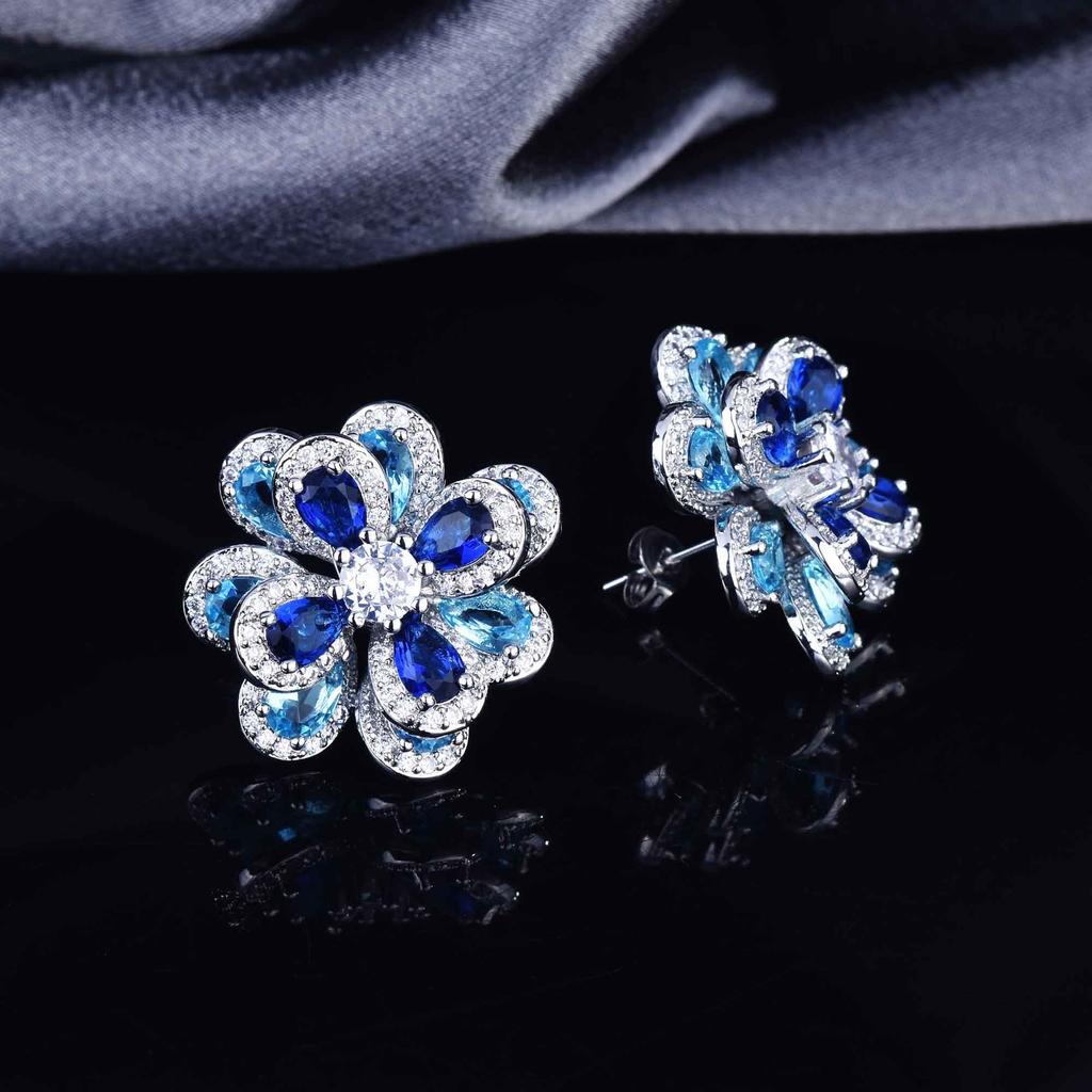 Temperament Color Zircon Flower Set, Stud Earrings, Simple Three-Dimensional Camellia Pendant, Open Ring.