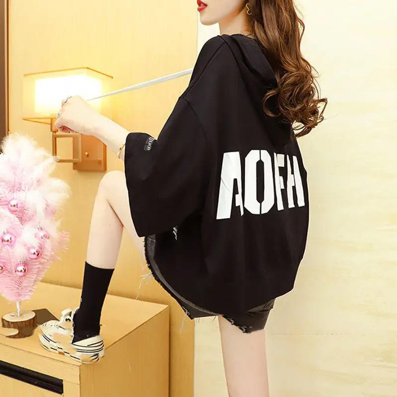 Summer Letter Printing Hoodies Women Round Neck Short Sleeve Drawstring Short Pullovers Ladies Korean Style Casual Top