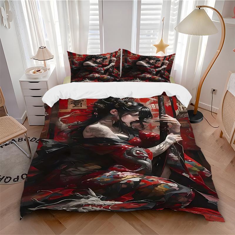3pcs Anime Samurai Theme Comforter Set with One Quilt Cover and Two Pillowcases (No Core), Perfect for Bedroom and Guest Room Decoration, Festive Gift