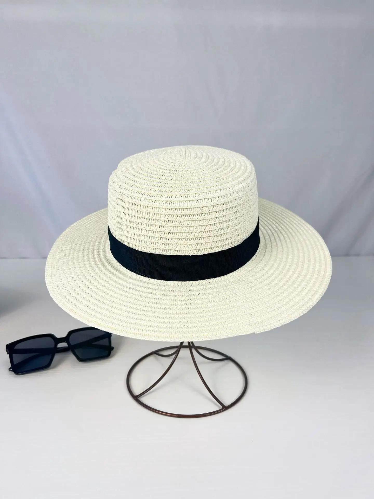 

Flat Top Straw Hat Summer Travel British Style Wide Brim Sun Hat Beach Braided Adult M (57-58cm)