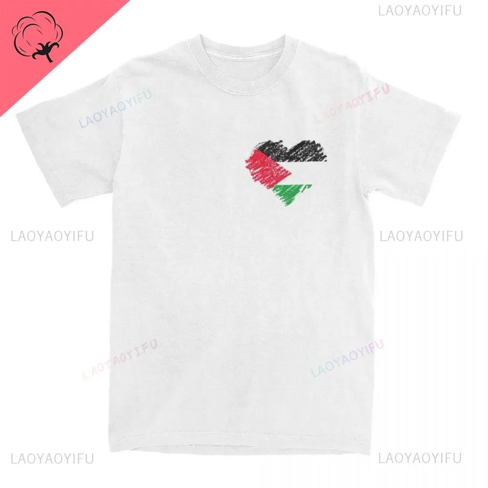 Palestine Palestinian Heart Scribble Vintage Unisex TShirt Streetwear Printed Fashion Short Sleeve Casual ONeck Pure Cotton Tops