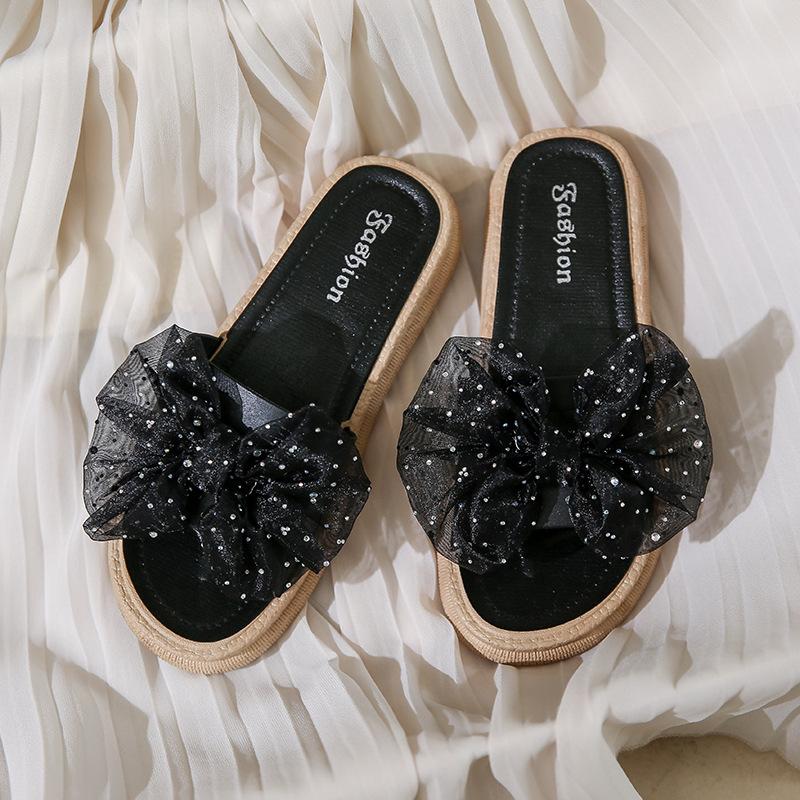 

2025 новые тапочки с бантом, верхняя одежда, женская летняя модная пляжная обувь, сандалии, плоские односложные тапочки 39/40 чёрный