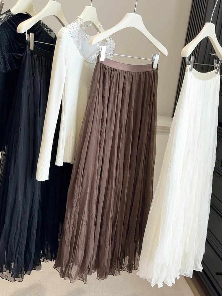 Elegant Versatile High-Quality A-Line Pleated Mesh Skirt for Women - Mid-Length Fairy Style