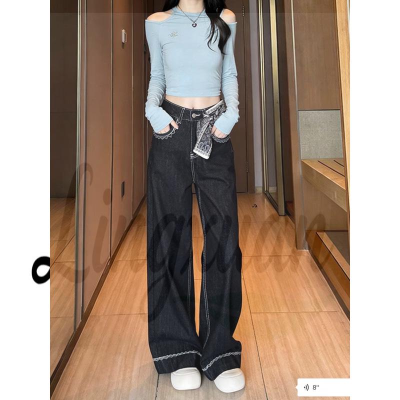 

Korean Style High-Waisted Embroidered Jeans with Silk Scarf Bow - Women s Retro Straight Loose Wide-Leg Pants L