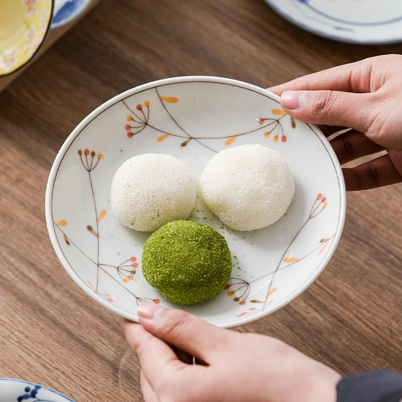 Japanese Style Ceramic Plate Retro Floral Print Small Dish for Dessert Fruit Salad Home Tableware