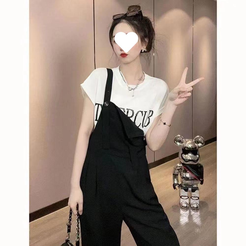 Trendy Black Straight-Leg Draping Suspender Pants for Women - Slimming, Versatile, Casual Summer Style