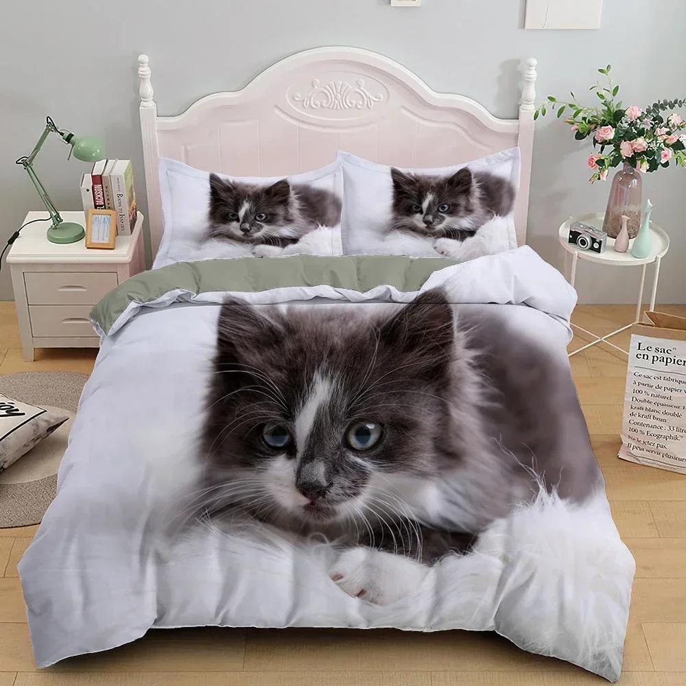 Lovely Pet Cat Cute Kitten Comfortable Duvet Quilt Cover Pillowcase Bedding Set Children Bedroom Decoration Home Textile