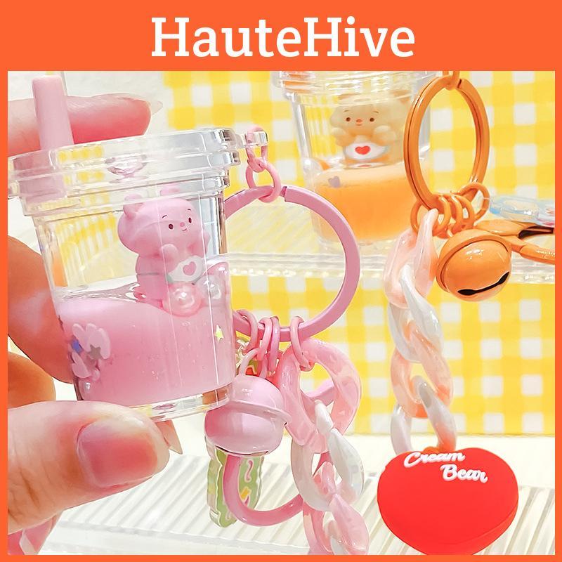 Pink Eyecatching And Orange Cream Bear Milk Tea Cup Keychain Charming Gift Idea